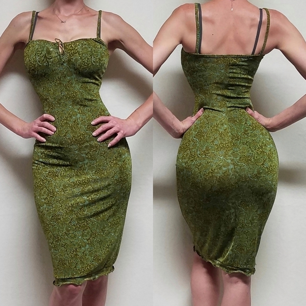 VINTAGE A. Aubrey Green Paisley Stretchy Pin-up Tie Bust Midi Bodycon Dress S - Picture 1 of 16